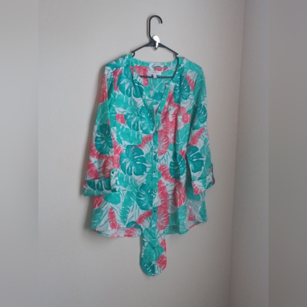 Coral Bay Blouse Women L Turquoise, White & Coral Top Vacation Resort Cruise Y2K